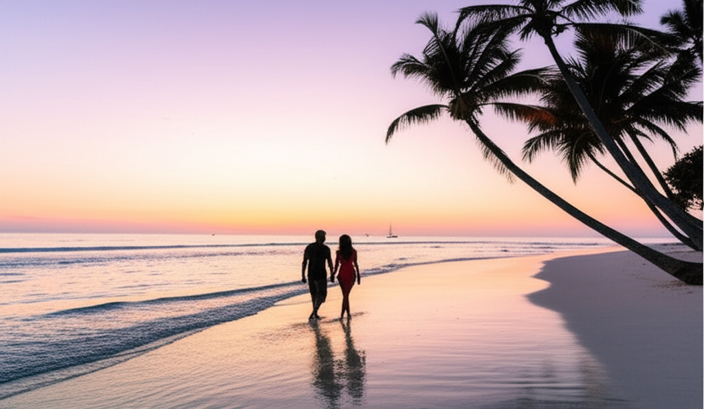 Couple walking on a beautiful tropical beach at sunset